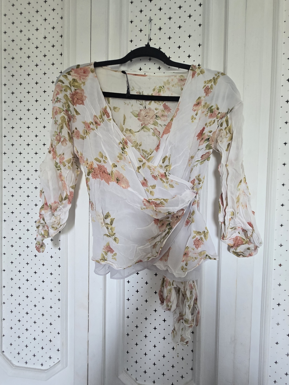 Zara Floral Wrap Blouse - White with Pink & Green Floral Print
